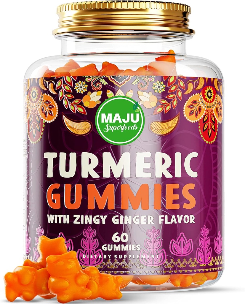 Maju Superfoods Kurkumiin Gummies 60ct, Zingy Ingveri maitse, Black Pepper Extract täiustatud imendumise ja potentsi, Kurkum Kummid täiskasvanutele ja lastele
