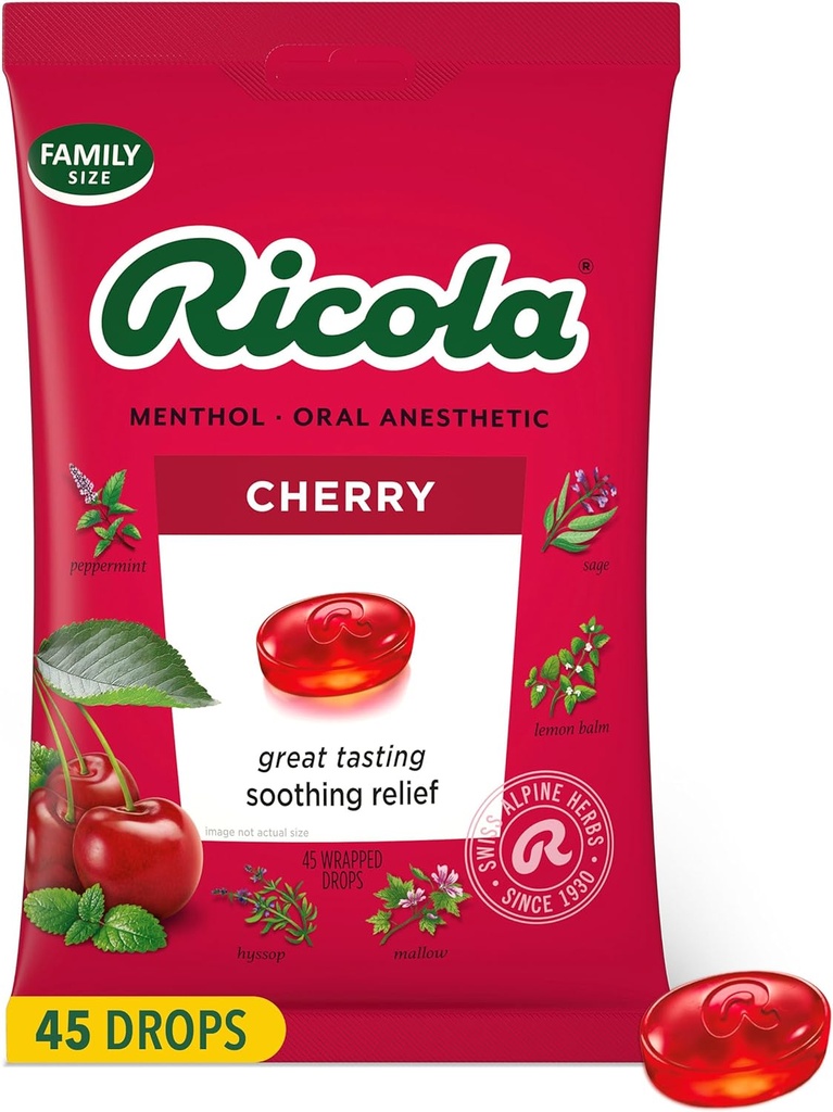 Ricola kirsi kurgu tilgad, 45 krahv, igapäevased tilgad maitsva kurgu värskendamiseks, suuline anesteetiline, loomulikult maitsestatud