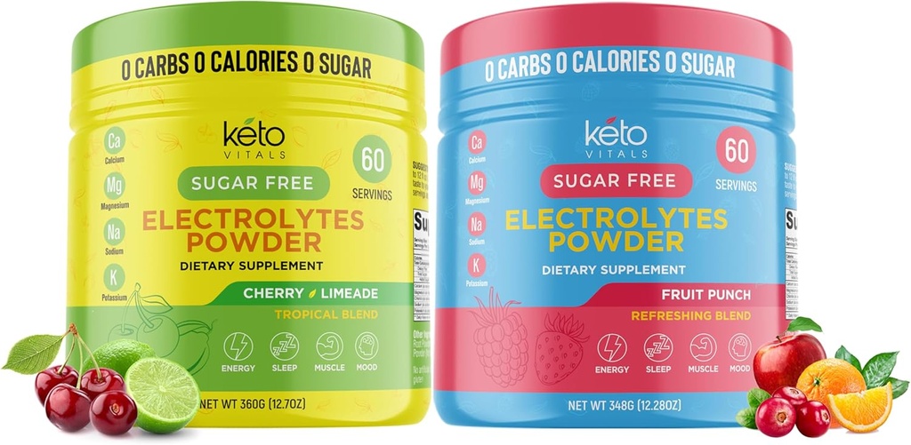 Keto Vitals Cherry Limeade Bundle with Fruit Punch - 2 Pack Bundle Keto Elektrolüütide Pulber - Keto-sõbralikud elektrolüüdid kaaliumi, magneesiumi, naatriumi, kaltsiumi - kirsi Limeade & Fruit Punch