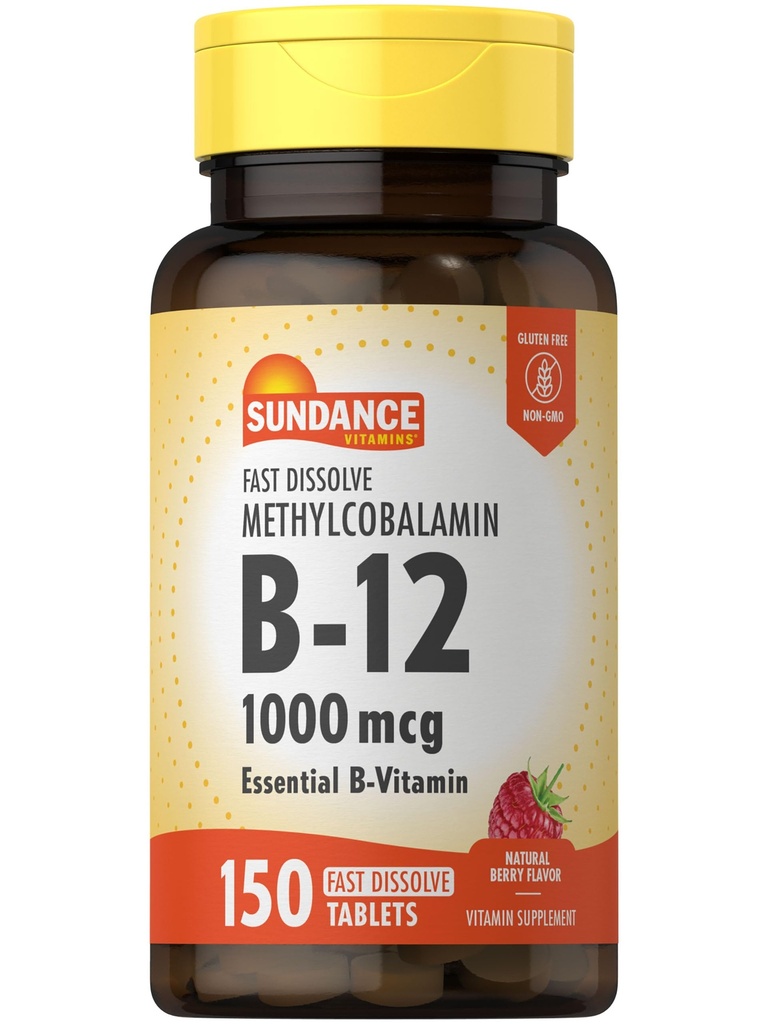 Sundance B-12 metüülkobalamiin 1000 mcg | 150 kiiret lahustuvat tabletti | looduslik marjamaitse | taimetoitlane, mitte-GMO ja gluteenivaba oluline vitamiinilisand