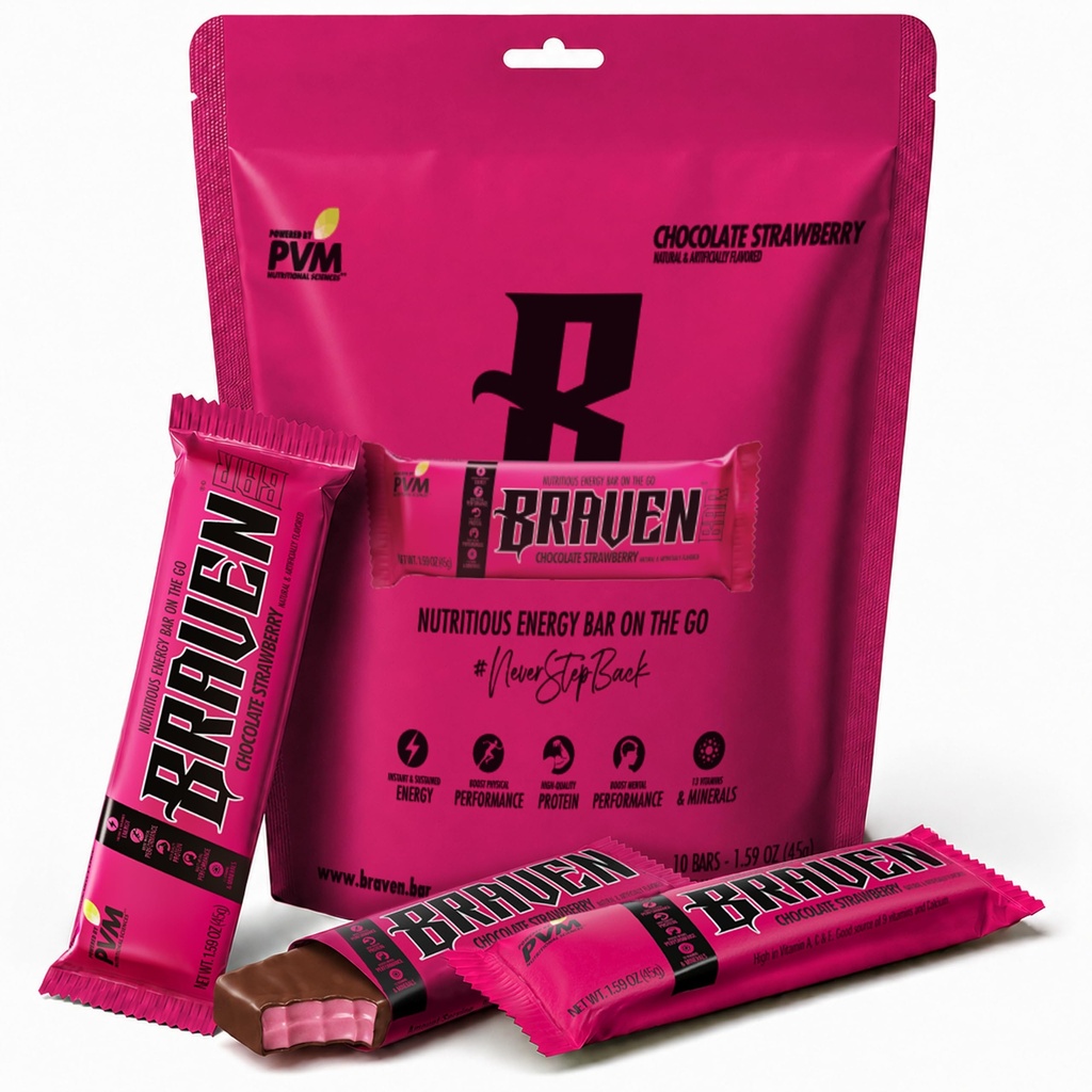 Braven Bar Chocolate Strawberry Energy Bars (1,59 oz, pakend 10) - Energia närib koos 5 g valguga - On-the-Go energia snacks jooksmiseks, matkamiseks ja spordiks - Gluteenivabad suupisted jätkusuutliku energia suurendamiseks