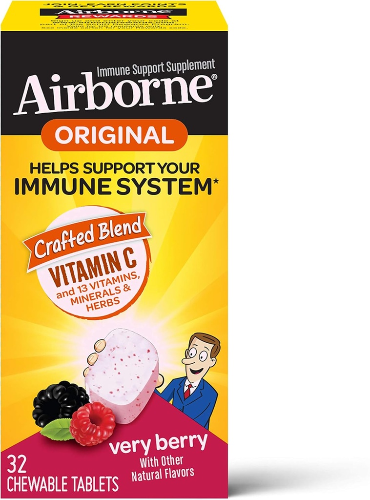 Airborne 1000mg C-vitamiini närimistabletid koos tsingiga, immuunsüsteemi tugilisa võimsate antioksüdantidega vitamiinid A & E - 32 närimistabletti, väga marja maitse
