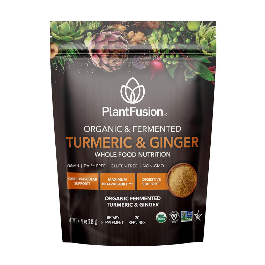 PlantFusion Turmeric ja Ingver Drink Mix - Fermenteeritud kogu toidu toitumine, Taimne täiendus pulber kurkuminoididega - USDA sertifitseeritud orgaaniline, mitte-GMO, vegan, gluteenivaba, 4,76 oz 30 Servings
