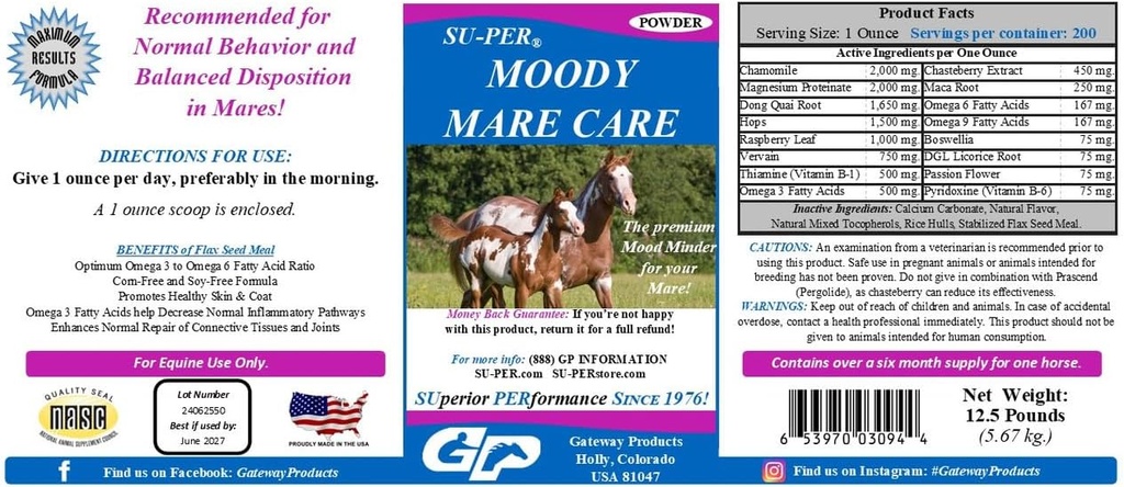 SU-PER Moody Mare Care Powder - Herbal Equine Horse Supplement Chasteberry & Maca Root - 12,5 naela