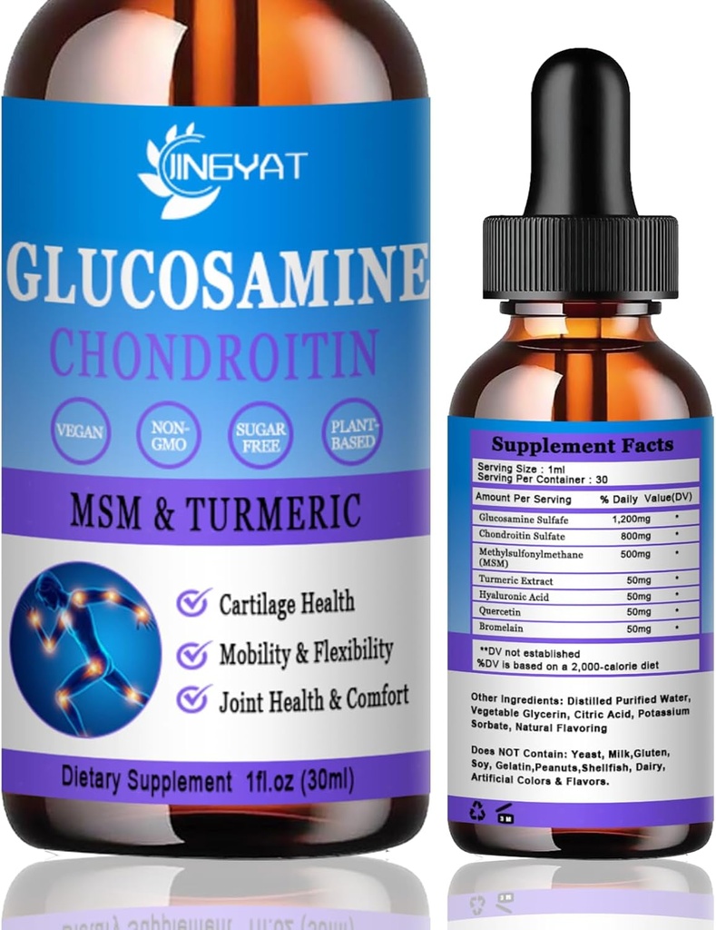 Glucosamine Chondroitin Liquid Drops 2000mg, Liposomal Glucosamine Chondroitin MSM, Chondroitin & Glucosamine Nutritional Supplements w/Turmeric Extract, Hyaluronic Acid, Quercetin & Bromelain