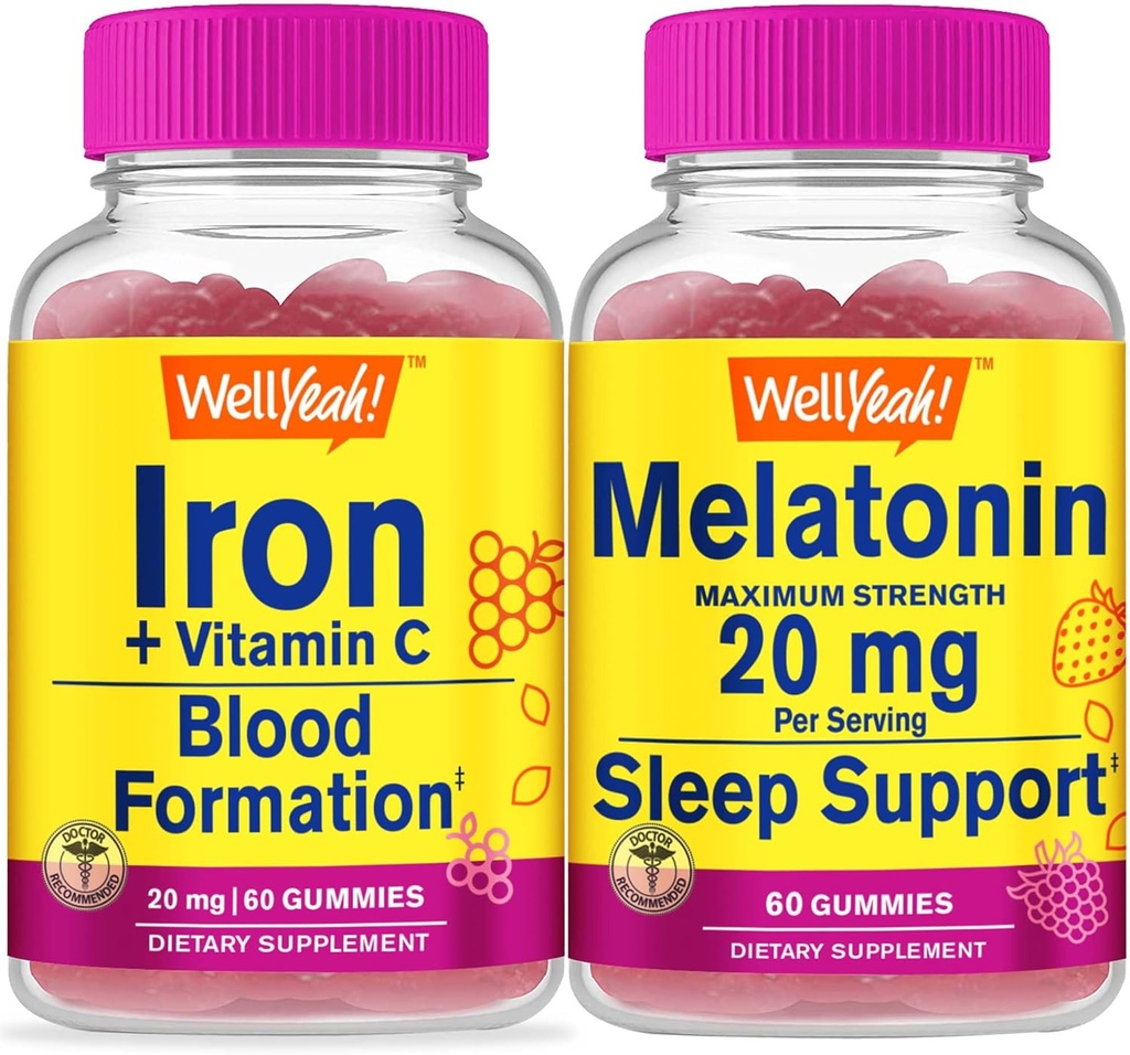 Hästi Jah Raud + Vitamiin C + Melatoniin 20mg, Gummies Bundle - suurepärane maitse, vitamiinilisand, Gluteenivaba, GMO-vaba, närimiskumm