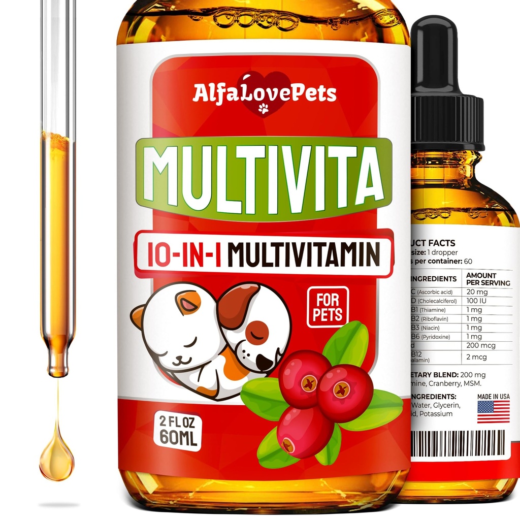 Vedelad multivitamiinid koertele - Kassi multivitamiinid siseruumides kassidele - 10-in-1 vedelad koera vitamiinid B kompleks, C, D3 - seedimine, urineerimine, puusa ja liiges, nahk ja kate - Jõhvikas Maitse - 2 Oz