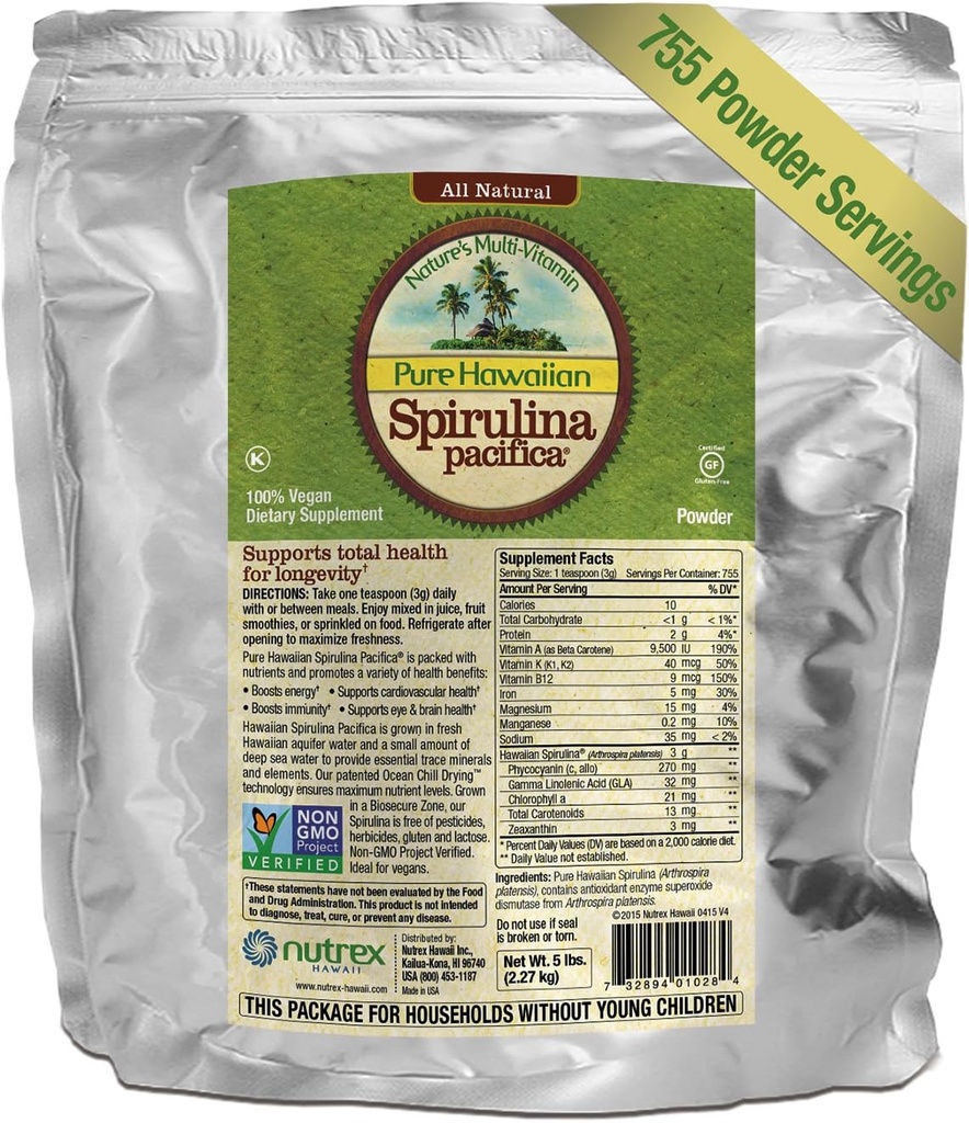 Puhas Havai Spirulina pulber 5 lb Bulk Bag - suurendab energiat ja toetab immuunsust - Vegan, Non GMO - Hawaiil kasvatatud looduslik supertoit
