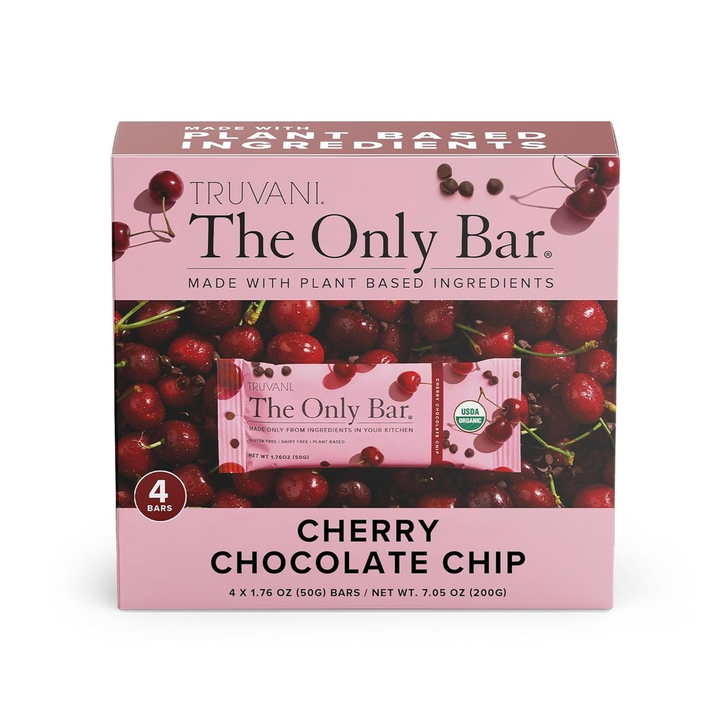 Truvani taimepõhised snack baarid | Cherry Chocolate Chip 4 Pack | 5 g valku | USDA orgaaniline ja vegan | Ainus baar | Piima-, soja- ja gluteenivaba | Individuaalselt pakitud
