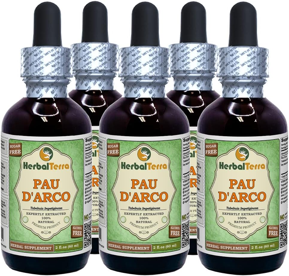 PAU d'arco (Tabebuia Impetiginosa) Glycerite, kuivatatud koore alkoholivaba vedelik ekstrakt (Brändinimetus: HerbalTerra, uhkelt valmistatud USAs) 5x2 fl.oz (5x60 ml)
