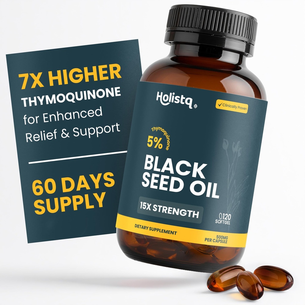 Holistiq Black Seed Oil Orgaaniline külmpressitud kapslid | 5% Tümokinoon | Non-GMO & Vegan | Nigella Sativa Black Cumin Seed Oil, Omega 3 6 9 Täiskasvanute immuunsuse tugi - 120 Softgels, 2 kuud pakkumine