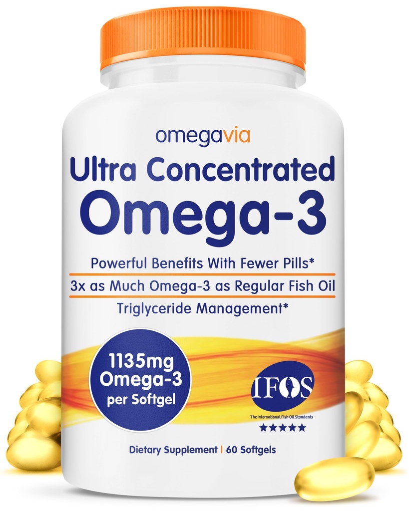 OmegaVia Ultra Kontsentreeritud Omega 3 Kalaõli Burpless, 60 Softgels, Triple Strength Omega 3 Fish Oil Supplements, 1135 mg Pure Omega3, No Fishy Burps, High EPA DHA DPA, IFOS 5-Star