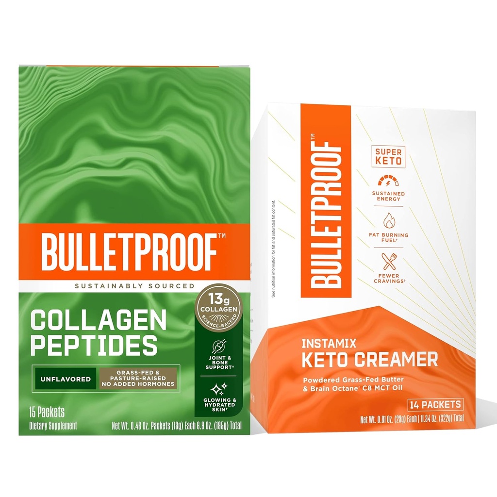 Bulletproof Coffee Duo - InstaMix Keto Coffee Creamer koos Grass-Fed Ghee ja MCT õli, 14 Pack & Maitsestamata kollageeni valk 13g Grass-Fed Collagen Peptides nahale, luudele ja liigestele, 15 Pack