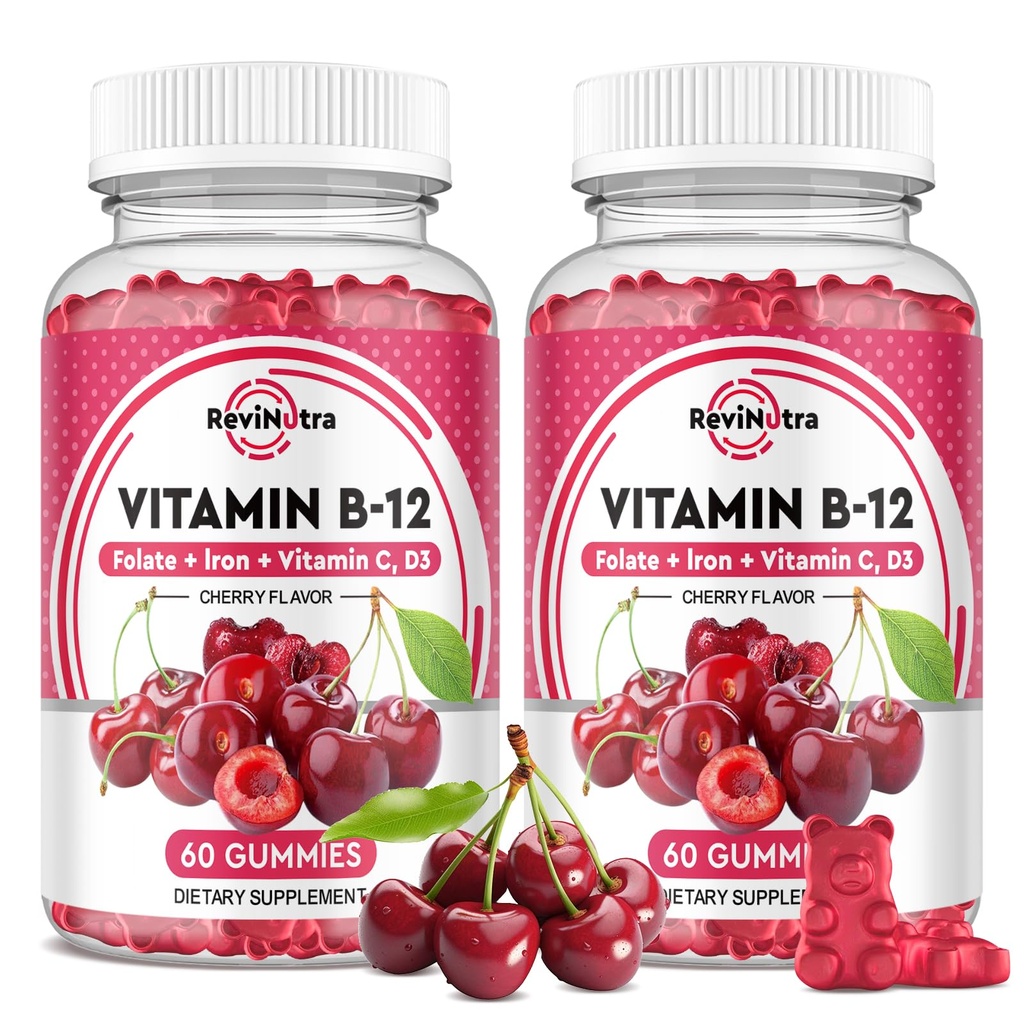 Vitamiin B12 Gummies - 5000 mcg Metüülkobalamiin Raud, Vitamiin C, D3 ja Folaat, energia toetus ja ainevahetus, Immuun, B-12 Kompleksne närimistable Supplement meestele ja naistele, 120 Count, 2 Pack