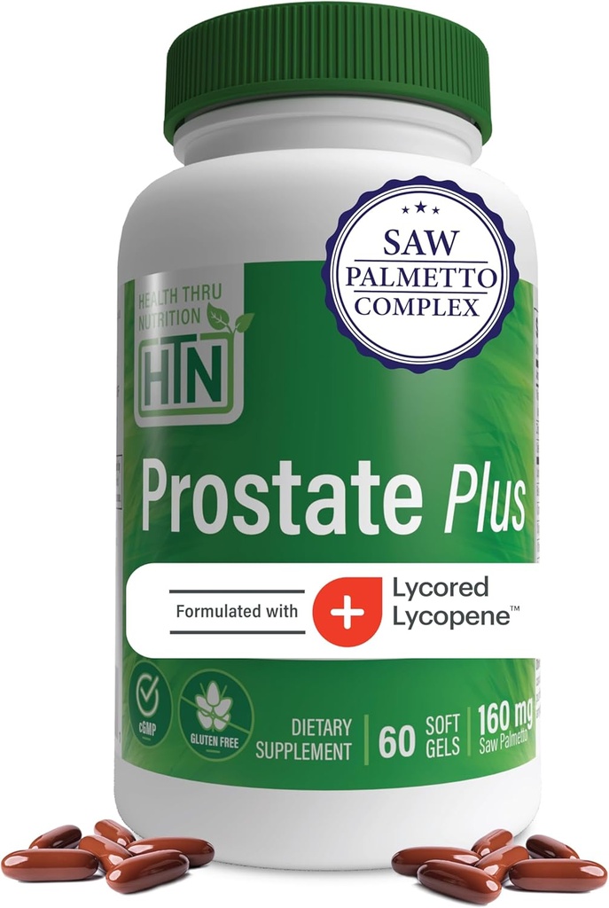 Health Thru Nutrition Prostate Plus koos Saw Palmetto ekstraktiga, lükopeen kui lükoreeritud, taimesteroolid, seleen, tsink ja kõrvitsaseemned | Täielik eesnäärme tugi | Mitte-GMO ja gluteenivaba (60. pakend)