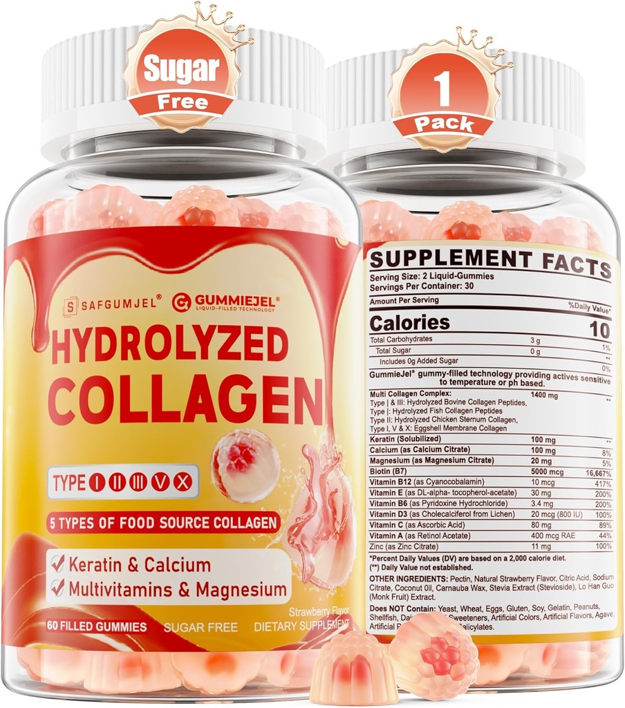 Kollageenpeptiidkummid naistele meestele, suhkruvaba multikollageeni lisand, 1400mg hüdrolüüsitud kollageeni tüüp I II III V X, 5000mcg biotiin, C-vitamiin A E D3 B6 juustele, nahale ja küüntele, luu, 60Cts