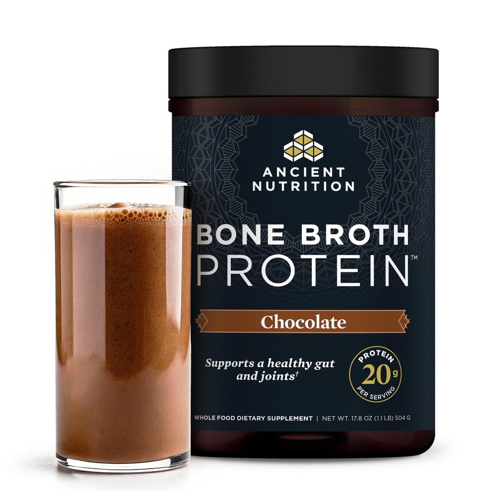 Ancient Nutrition Protein Pulber Valmistatud tõeline luupuljong, šokolaad, 20 g valku ühe serveerimise kohta, 20 Serving Tub, Gluteenivaba hüdrolüüsitud kollageeni peptiidide lisand, suurepärane valguvärvides