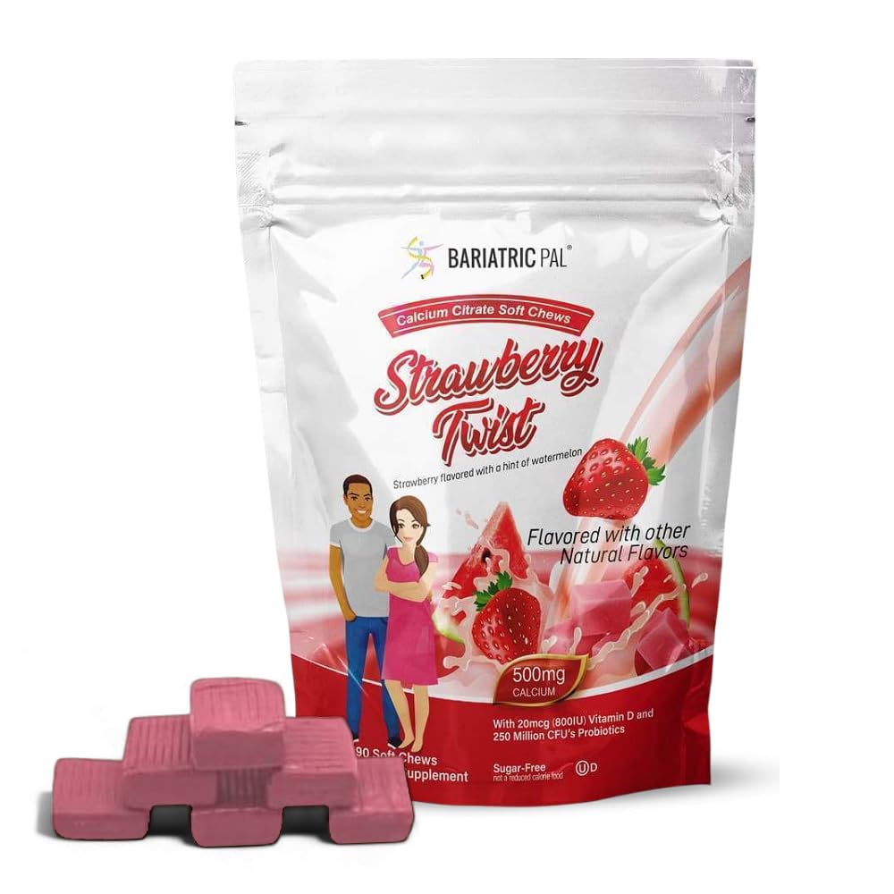 BariatricPal Sugar-Free Calcium Citrate Pehmed Juustud | 500mg D-vitamiini ja probiootikumidega | Maasika keerdumine | 90 Count (1 kuu pakkumine)