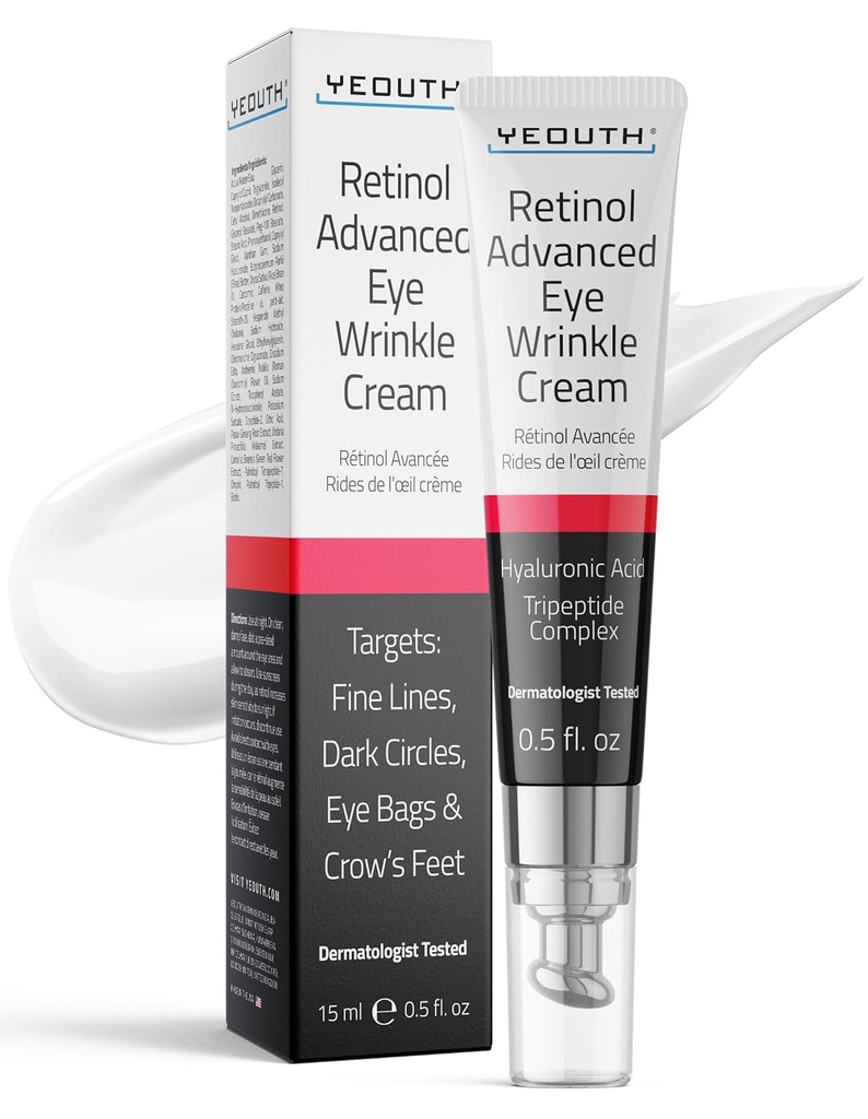 YEOUTH Retinol Eye Cream Anti Aging, Firming Under Eye Cream jaoks puhitus ja kotid silmade all kortsude ja tumedate ringide jaoks hüaluroonhappe ja tripeptiididega 15 ml