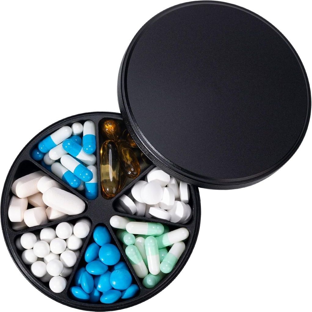 Metall pillid Dispenser pillid Korraldaja 7 koosseisus - raske töö Anti-Mix pillid konteiner, suur veekindel Daily Pill Box Juhul Vitamiin, meditsiin, täiendus, kalaõli, 0,39lb (must)