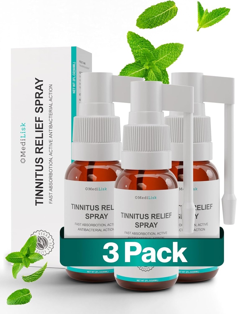 Medilisk Tinnitus Relief Spray - Toetab Tinnitus Relief Ringing Ears - Taimne Kõrvahooldustooted - Non-Steroidal & Hypoallergenic - 1 Fl Oz - Pakend 3