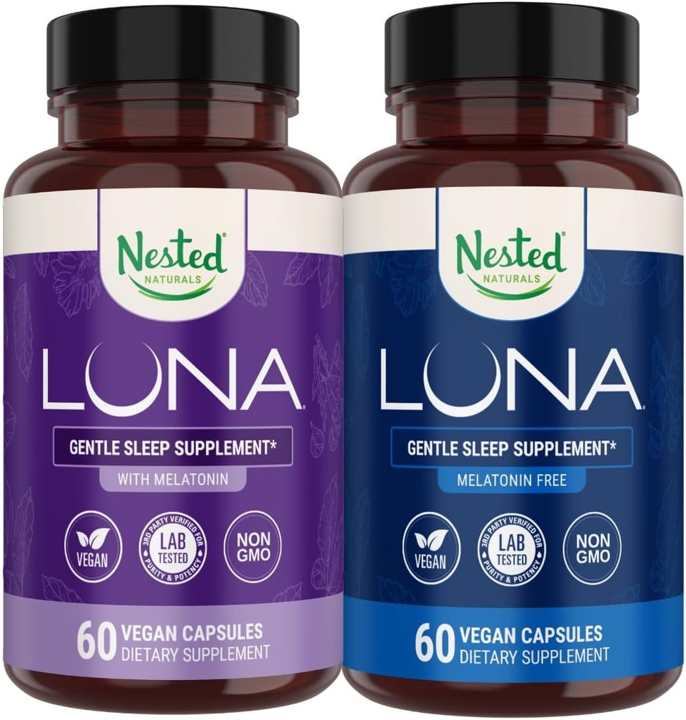 Nested Naturals Luna Sleep Aid Bundle | Luna & Luna melatoniinivabad uinumispillid looduslike koostisosadega melatoniin, Valarien & More (120 loend)