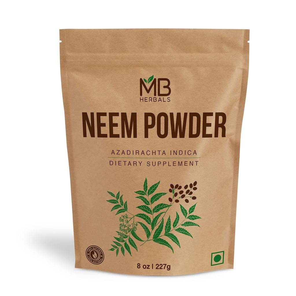 MB Taimed Puhas Neem Pulber 8 oz | 227 Gram / 0,5 LB Puhas kultiveeritud Neem Lehtpulber | Täiendus nahale ja juustele | Azadirachta Indica