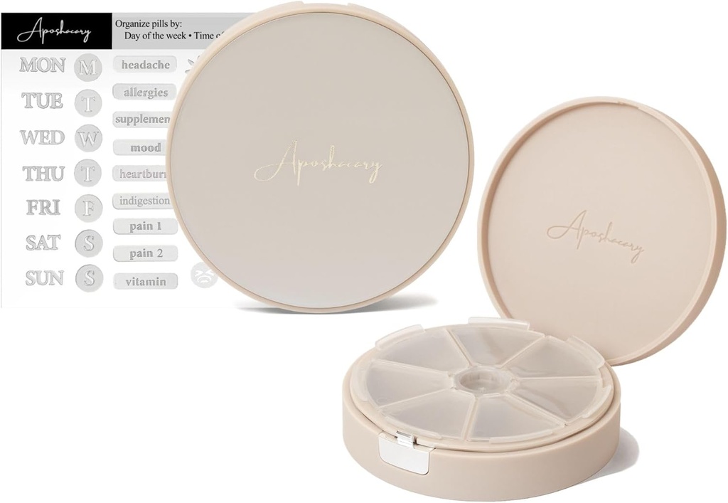 7 komponenti Pill Case, Pill Box, Daily Pill Korraldaja, Travel Pill Korraldaja, Ravimi Korraldaja, Kohandatav Pill Dispenser Sildist Kleebistega (Pearl Cream)