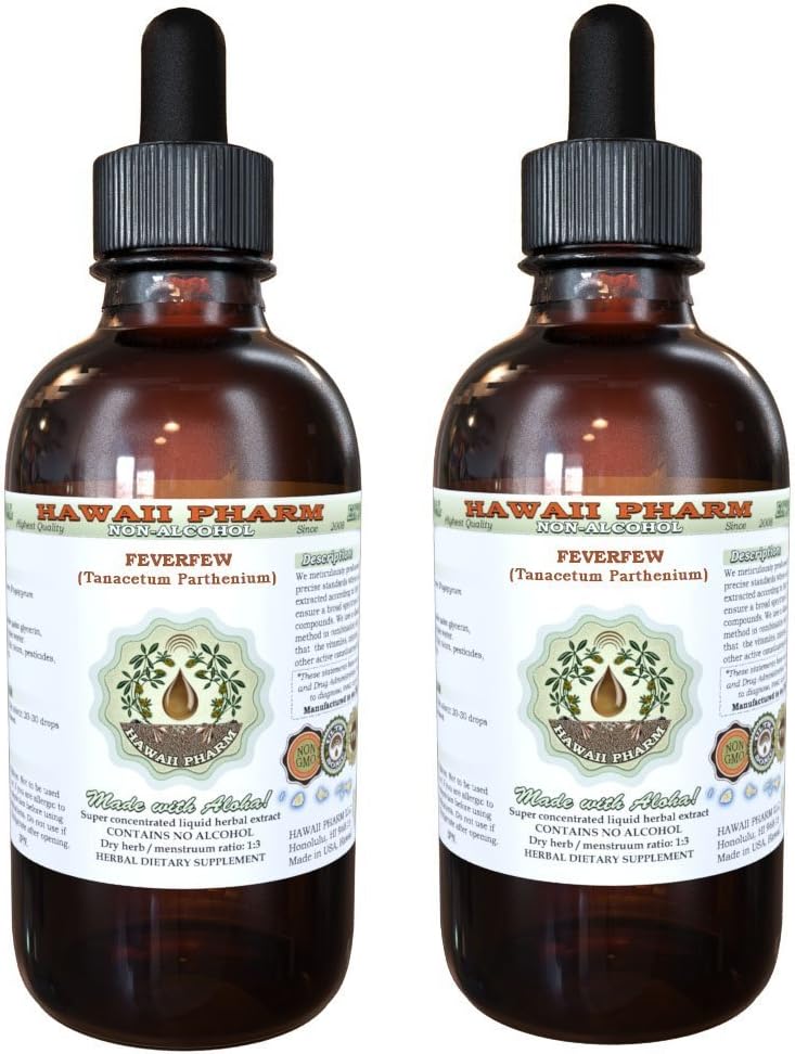 Feverfew Alkoholivaba vedelik ekstrakt, orgaaniline palavik (Tanacetum parthenium) Kuivatatud ürdi Glycerite Hawaii Pharm Looduslik taimelisa 2x4 oz