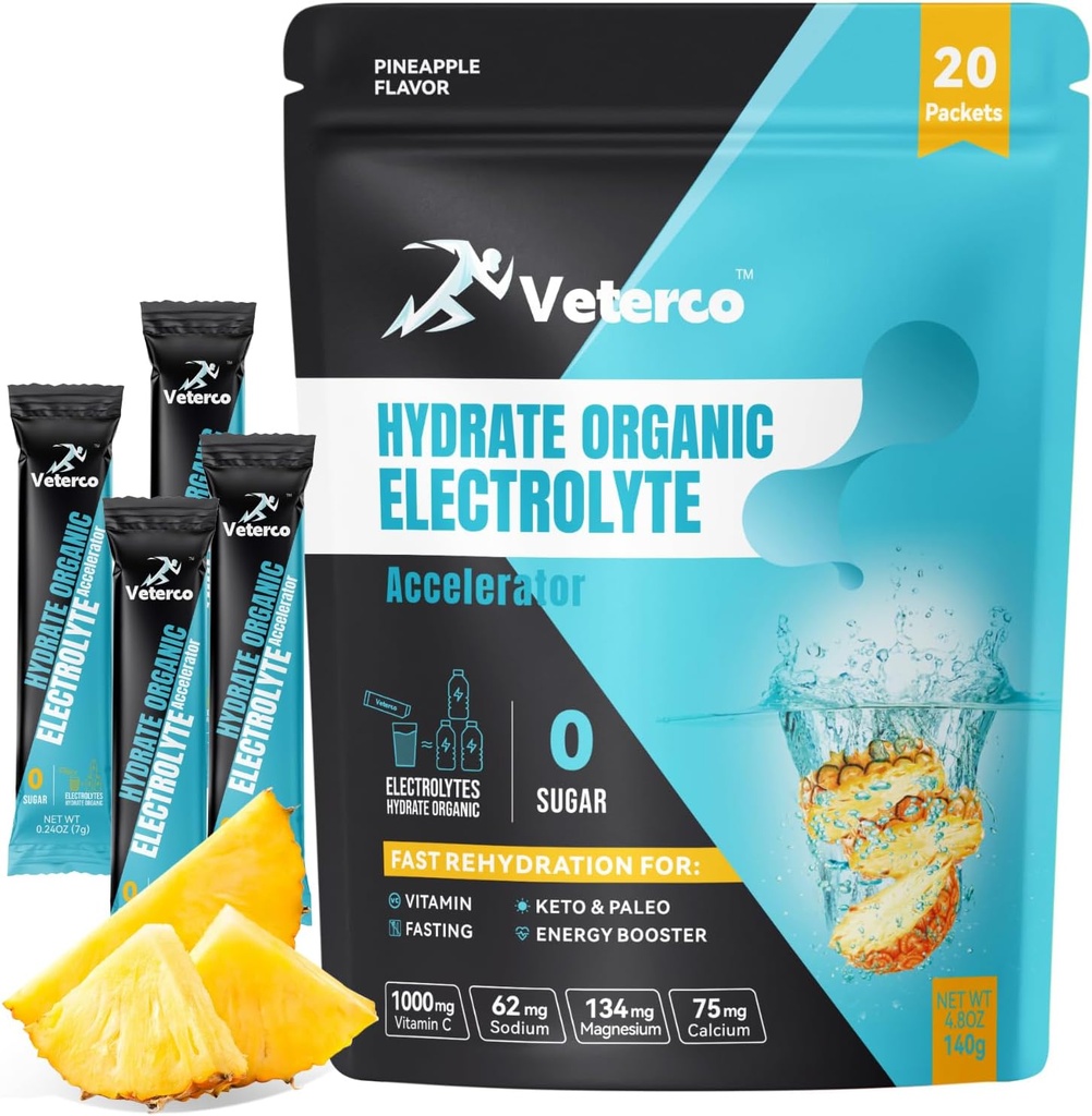 Hüdrolüüsi elektrolüütpulber, elektrolüütjook, hüdratatsioonilisandi joogisegu, vitamiinide ja mineraalidega hüdratatsioonipaketid, Keto Sõbralik, Vegan, Mitte-GMO, Ilma suhkruta, ananassimaitse (20 pulka)
