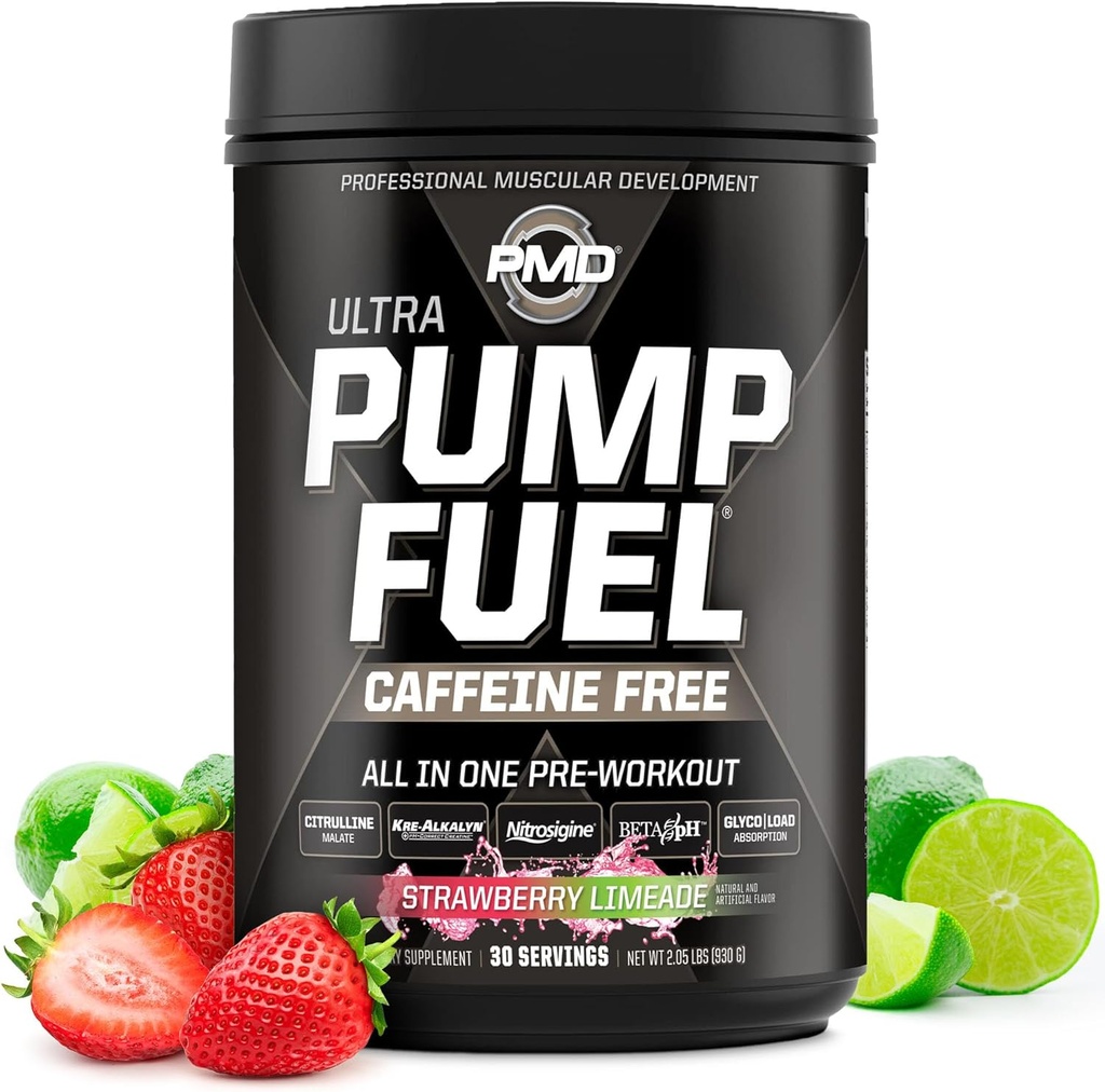 PMD Sport Pump Kütus Ultra Kofeiin Tasuta - Premium Pre Workout Pulber & Lihaspump, Greater Focus, Kestvus & Taastamine, Premium Kreatiin, Arginiin & Beeta Alanine - Maasika Limeade (30 Servings)
