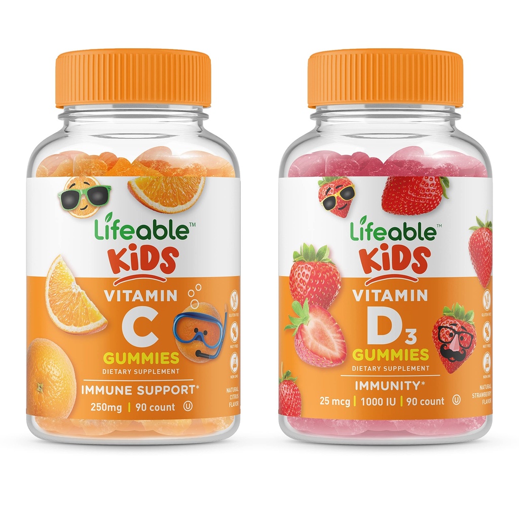 Elujõuline D-vitamiini lapsed + C-vitamiini lapsed, Gummies Bundle - suurepärane maitse, vitamiinilisand, Gluteenivaba, GMO-vaba, närimiskumm