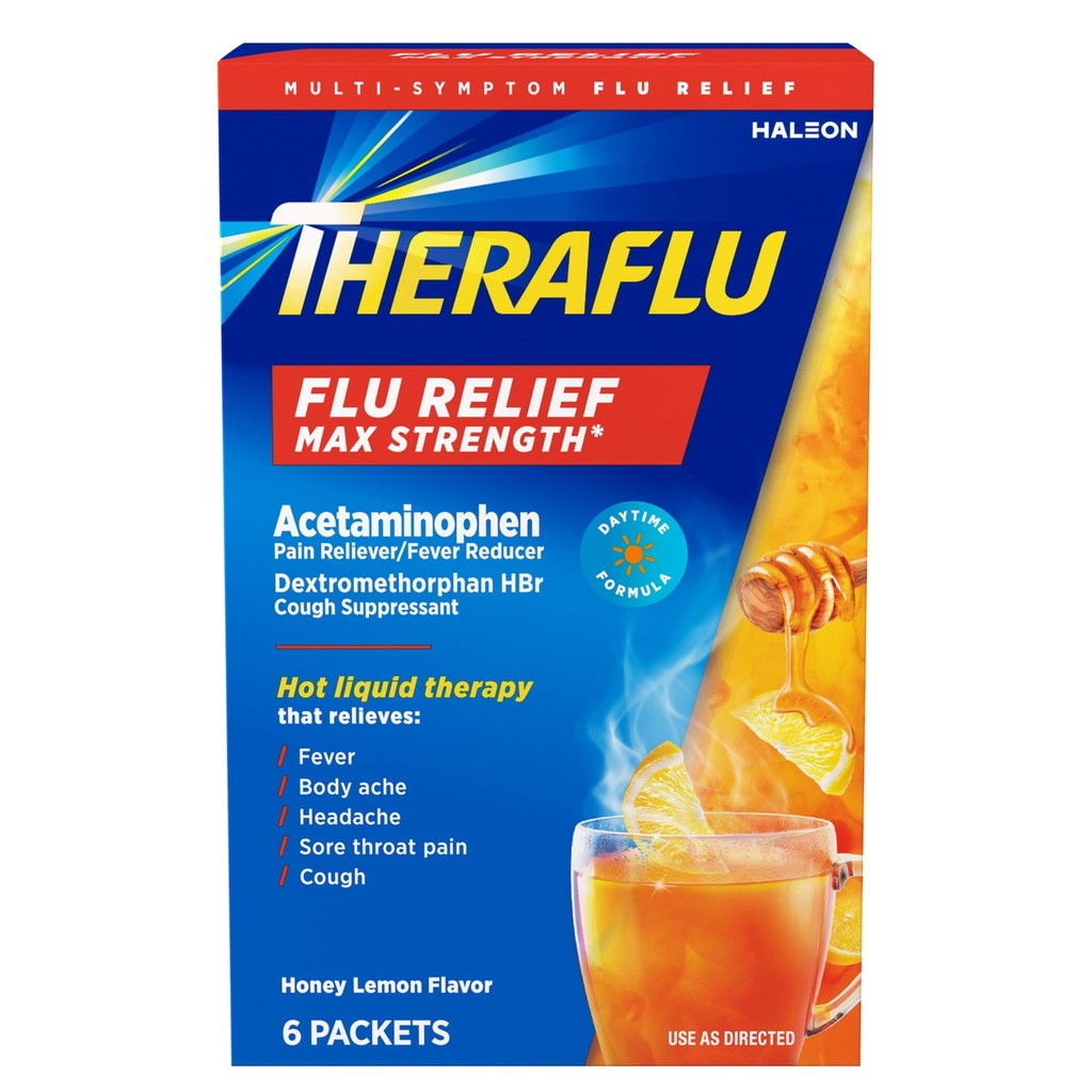Theraflu Max Tugevus Päevane gripp Meditsiin gripi sümptomite leevendamiseks atsetaminofeeni ja Dextromethorphan HBr, Honey Sidrun Maitsestatud - 6 pulbripakendit