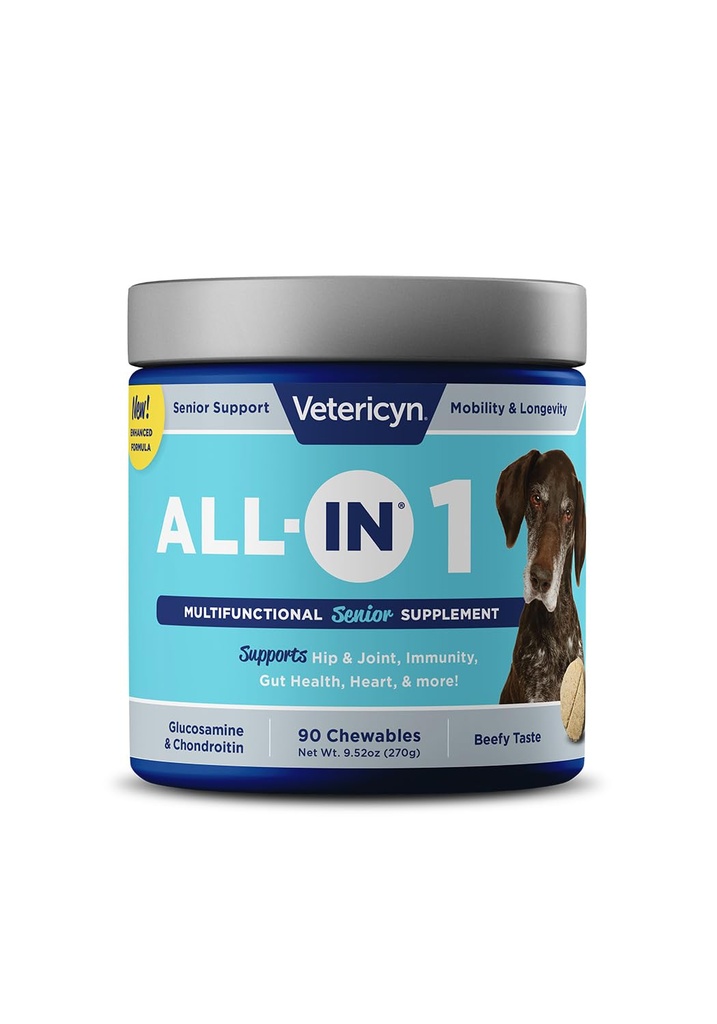 Vetericyn All-in 1 Multifunktsionaalne Senior Dog Supplement | Seedeensüümid + Glükosamiin Kondroitiin puusa ja liigese toetamiseks + vitamiinid, antioksüdandid, prebiootikumid, probiootikumid ja oomegas. 90 krahv