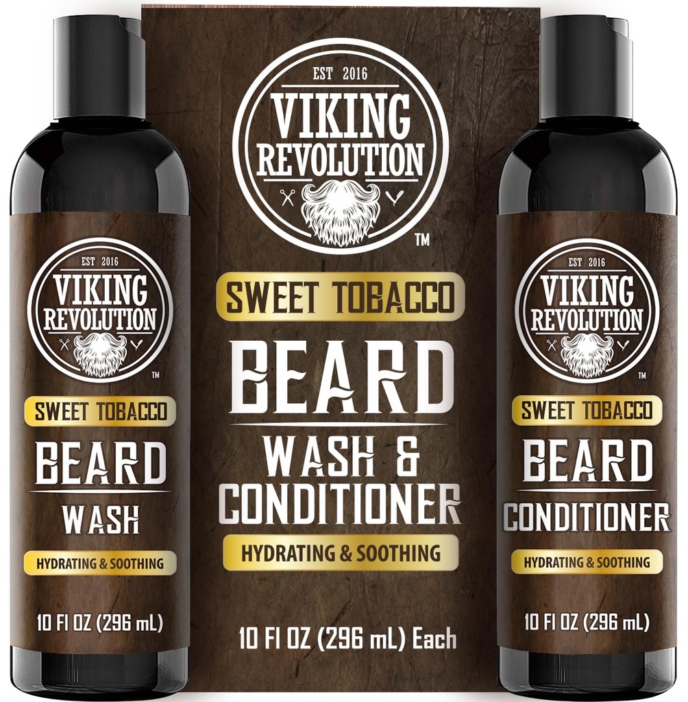 Viking Revolution Beard Wash and Beard Conditioner for Men with Argan Oil and Jojoba Oil - Beard Softener and Stronger Bear Care Beard Shampoo and Conditioner with Bear Oil (10oz, Sweet Tobacco)