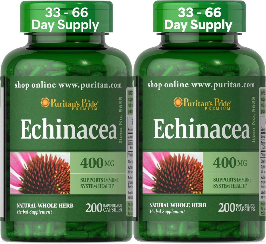 Puritan's Pride Premium Echinacea Natural Whole Herb Supplement 400mg, Dietary Supplement for Health, Immune System Support, 200 Rapid release kapslid, 2 Pack