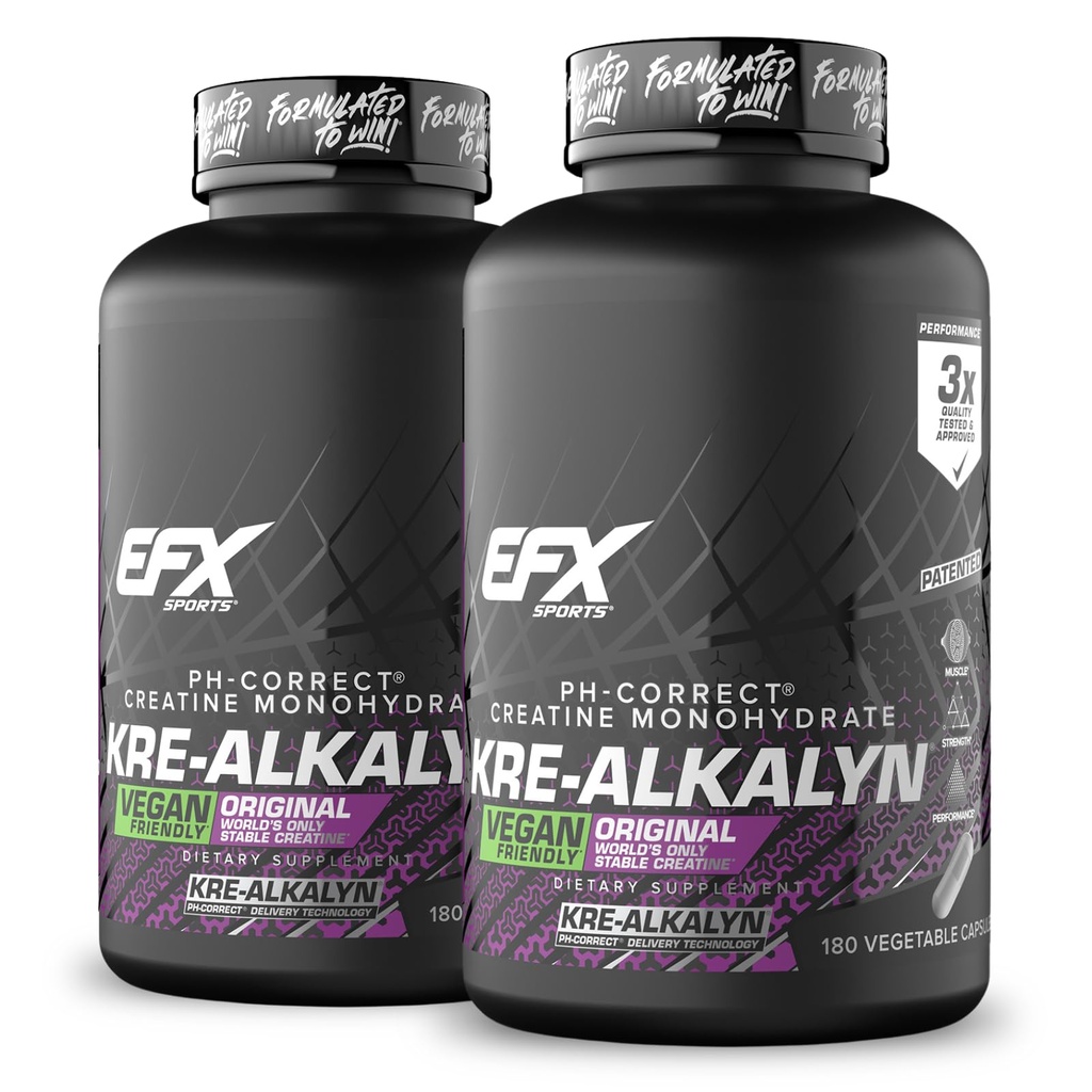 EFX Sports Kre-Alkalyn EFX | pH Õige Kreatiin Monohüdraat Pill Supplement | Vegan Sõbralik | Tugevus ja lihaste kasv | 90 Servings, 180 Veggie kapslid (Pakk 2)