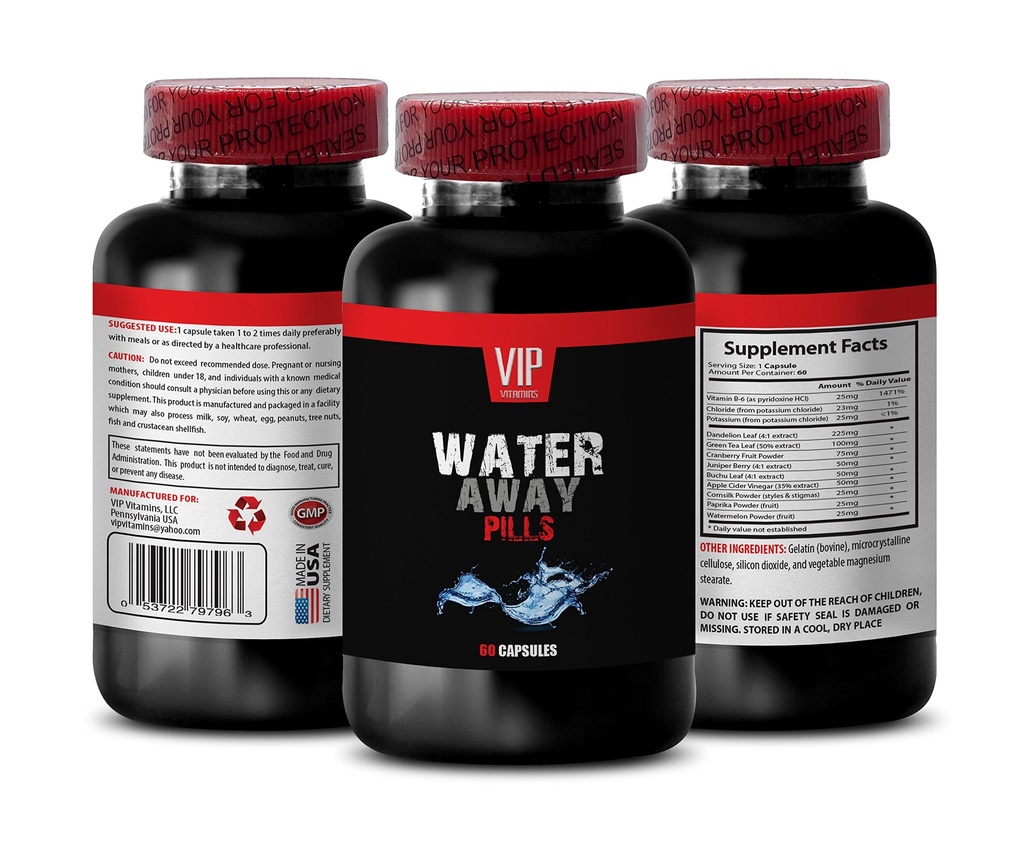 Kuseteede tugi - VEE AWAY DIURETIC PILLS - Arbuus, Dandelion, Paprika, kaalium, diureetikumid veepeetus jalgades ja jalgades, diureetikumid vesi pillid, diureetikumid, 1B 60 kapslit