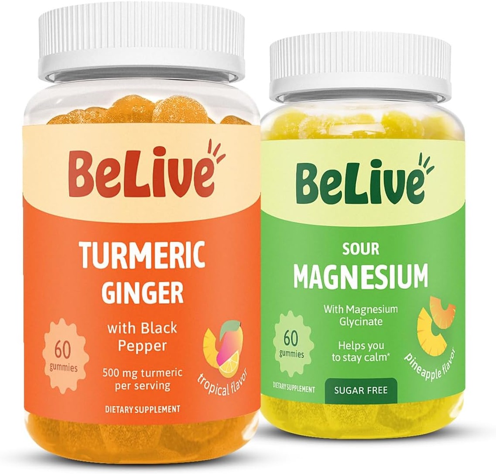 BeLive Bundle Magneesium ja kurkum kummikud lõõgastumiseks, magamiseks, immuunsuse toetamiseks ja mobiilsuse toetamiseks