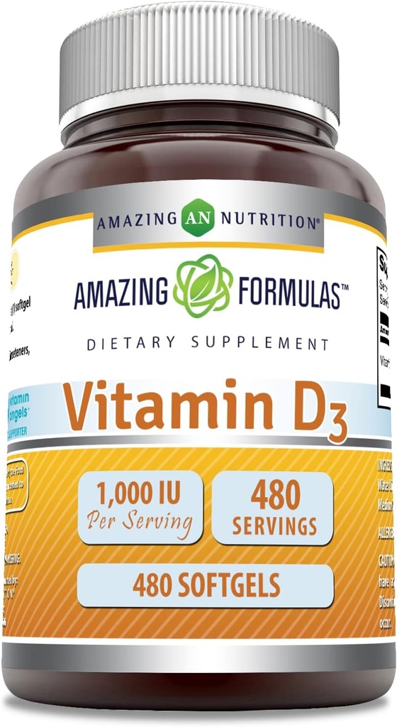 Amazing valemid Vitamiin D3 1000 IU Softgels Supplement | Non-GMO | Gluteenivaba | pakendatud USAs (1 Pack | 480 Count)