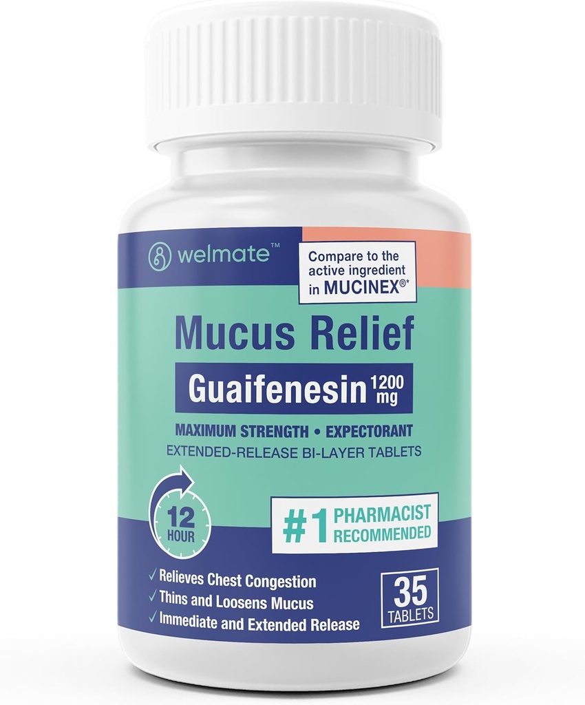 WELMATE - Guaifenesiin 1200mg (35 tabletti) - lima leevendamine - ootaja - köha ja külm - 12 Hr tugi - laiendatud vabastav kahekihiline tablett - üle leti ravim