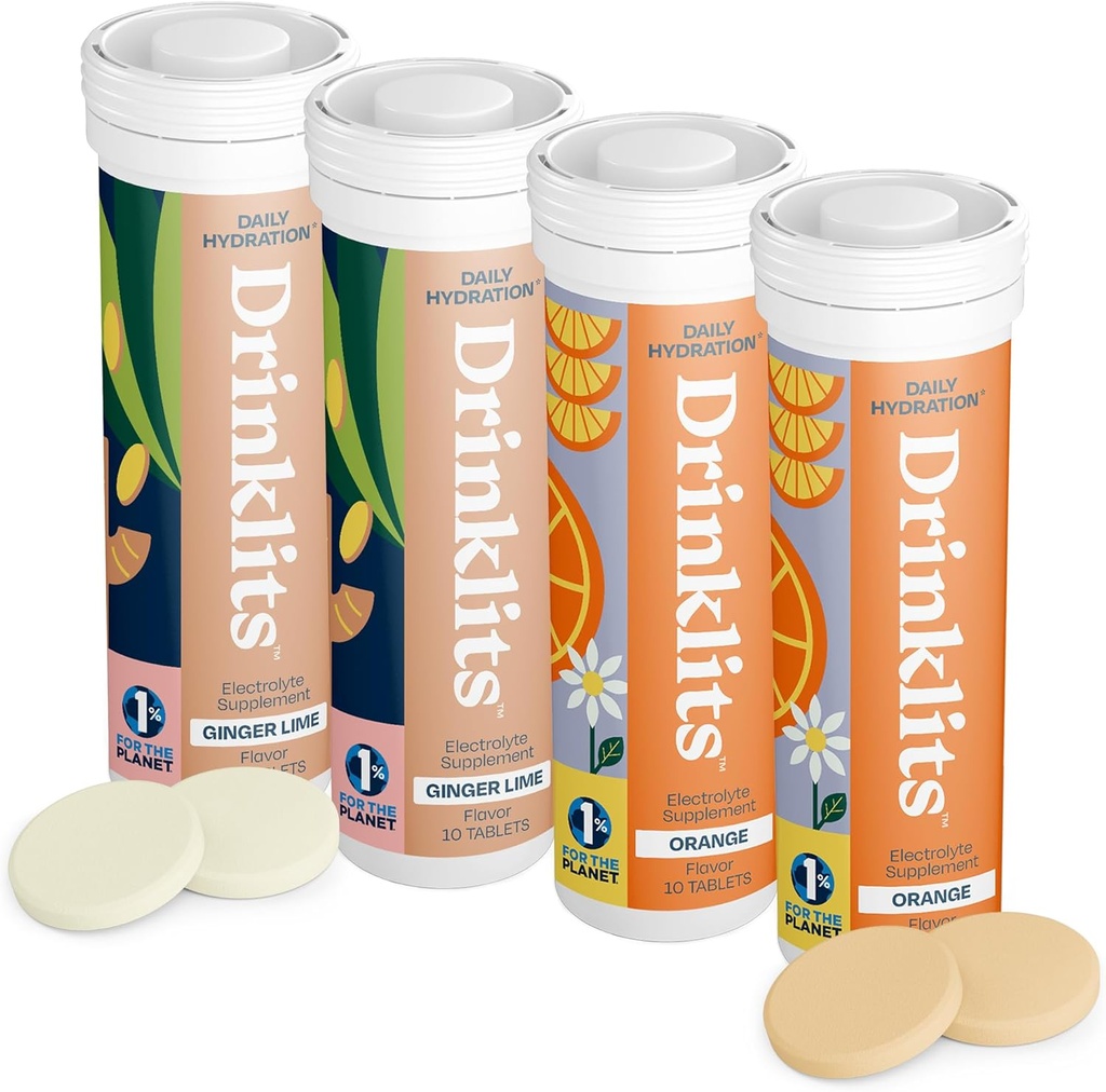 Joogiklaasid Ginger-Lime & Orange Electrolyte tabletid (4) Tube Bundle | Daily Hydration Combo Pack | Maitsev looduslikud maitsed - 0g Suhkur | 40 Servings - 10 tabletti toru kohta