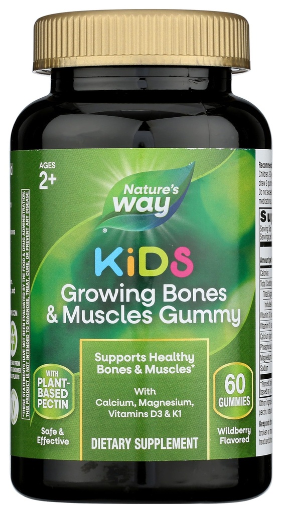 Nature's Way Kids Kasvavad Luud Ja Lihased Gummies, Toetab Tervislikke Luud & Lihased *, Kaltsium, Magneesium, Vitamiinid D3 & K1, Vanused 2+, Metsmarjamaitselised, 60 Kummid (Pakendamine Võib erineda)