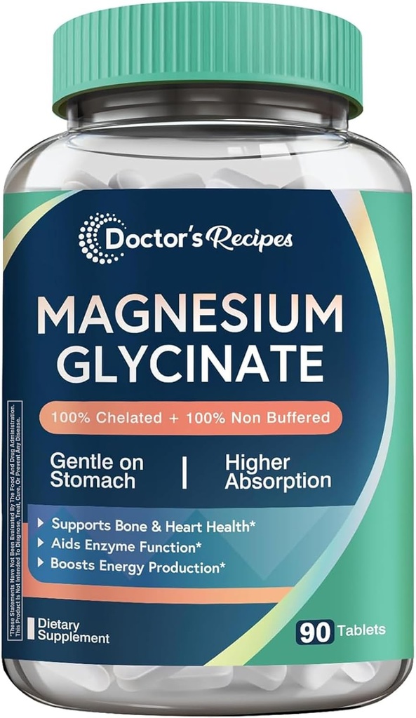 Arsti retseptid Magneesium Glütsinaat, Kelate Magneesium kõrge imendumisega ja mitte-puhverdatud, Kerge kõhuga, Ei Gluteeni, Luu, Närvi ja energia tugi, 90 tabletti