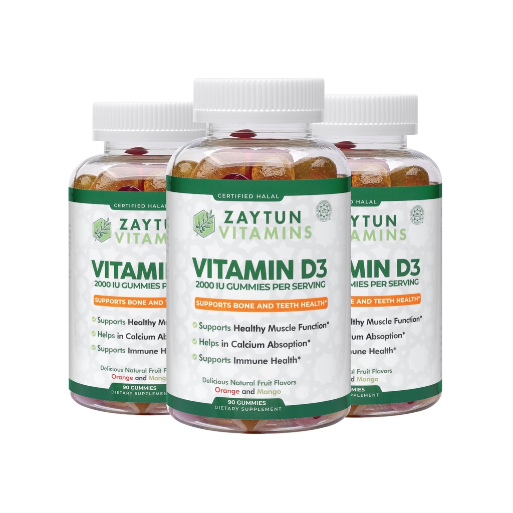 Zaytun Halal Vitamiin D3 2000 RÜ Gummies, toetab luude ja immuunsüsteemi tervist, edendab lihaste funktsiooni, Gluteeni ja želatiini vaba (3-Pakk) - valmistatud USA-s