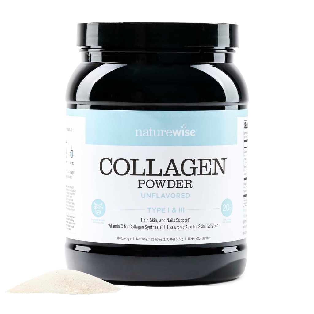 NatureWise kollageenpeptiidide pulber hüaluroonhappe ja C-vitamiiniga - maitsestamata kollageenpeptiidid naistele ja meestele - I & III tüüp juustele, nahale ja küüntele - suhkur, gluteen ja piimatooted tasuta - 30 serveerimist