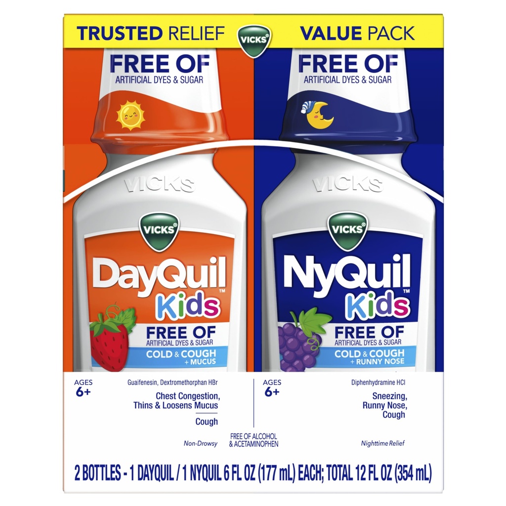Vicks Kids DayQuil & NyQuil Cold & Cough Relief Vedelik Co-Pack, ilma kunstlike värvide ja suhkruta, köha, aevastamise, runny nina, lima ja rindkere ummistused, vanuses 6+, 2x6oz