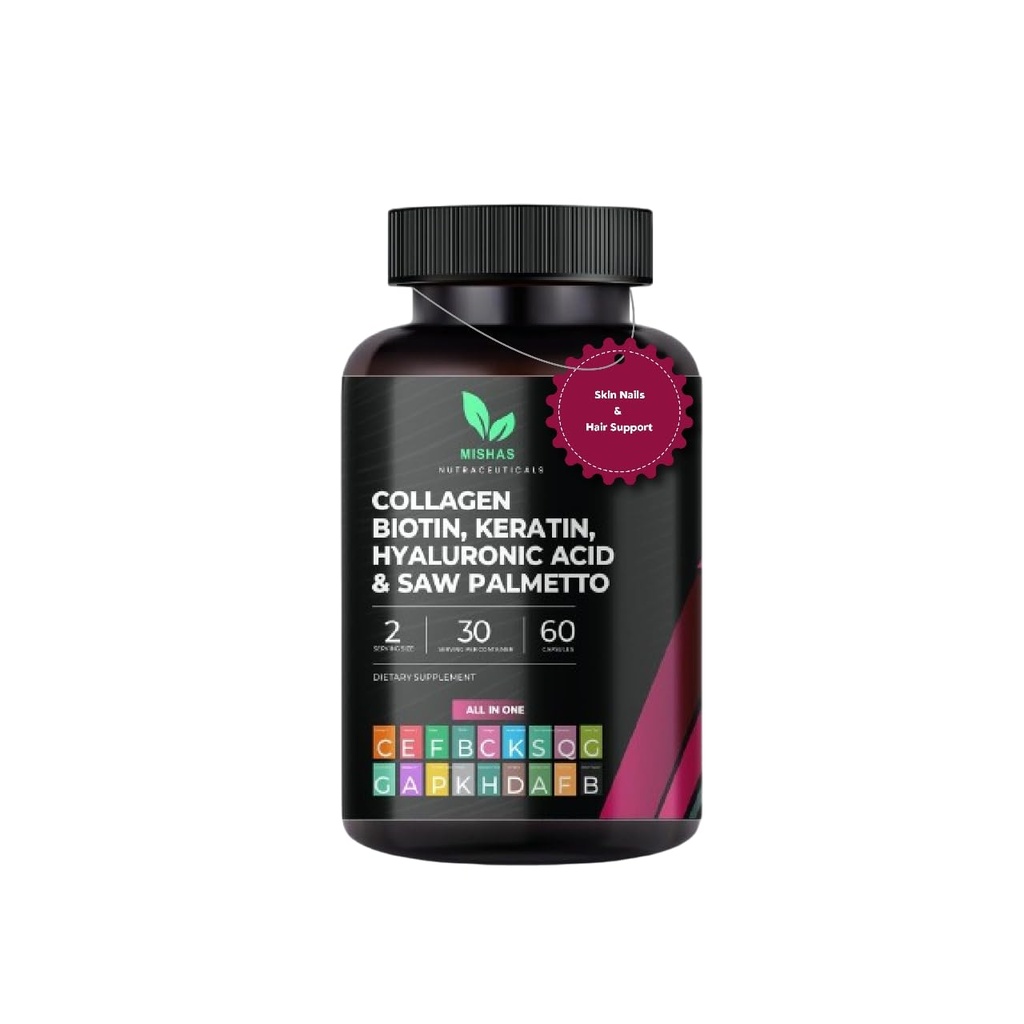 Multi kollageen Juuksepillid - Biotiin 10000mcg, Keratin & Hüaluroonhape - Juuste kasv - Nahk & küüned Vitamiinid & DHT Blocker - Vitamiin E Foolhape Kõrvitsa Seed MSM, Saw Palmetto 60 Vegan Kapslid