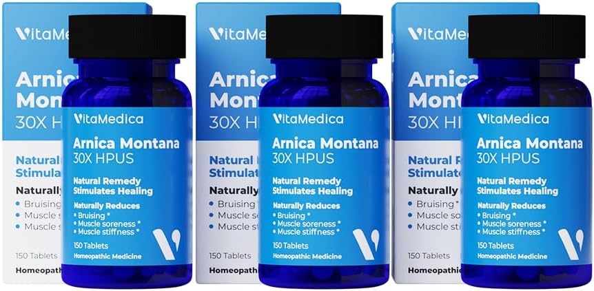 VitaMedica Arnica Montana 30X homöopaatilised tabletid valu ja turse jaoks | Taimne valem | Soovitatav plastist kirurgide poolt | Looduslik taastumine Kirurgia või vigastus | 3 Pack | 150 Servingut
