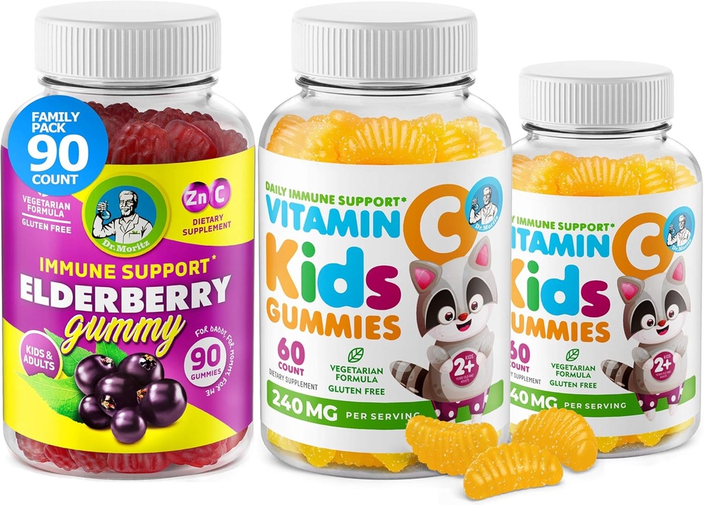 DR. MORITZ C-vitamiini kummid ja Elderberry Gummies lastele ja täiskasvanutele - Immuunsüsteemi toetamine Madala suhkrusisaldusega närimiskummi vitamiinid väikelastele - taimetoitlane želatiin-vaba laste toidulisand